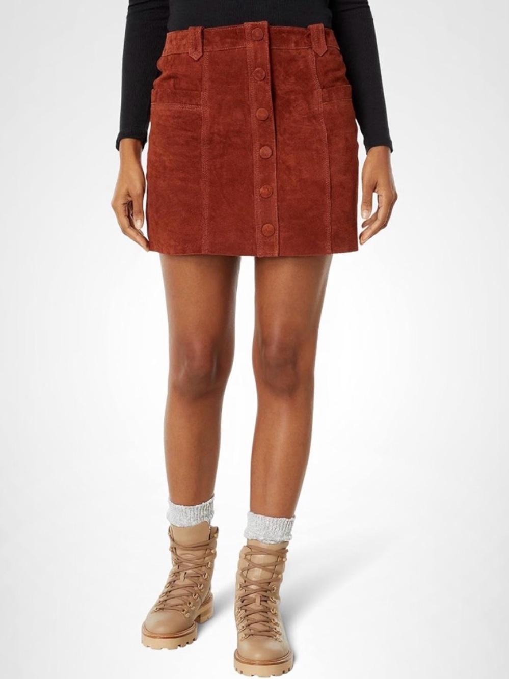 Blank NYC Real Suede Button-Front Rust Mini Skirt